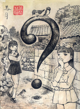 Rule 34 | 2girls, ?, animal, bamboo fence, bird, blush, bow, bowtie, brick wall, dress, fence, fractal underground studio, hair bow, hand to own mouth, house, long hair, long sleeves, mary janes, monochrome, multiple girls, neck ribbon, original, plant, pointing, ribbon, shirt, shoes, skirt, sky, sleeveless, sleeveless dress, socks, sparrow, standing, thinking, traditional media