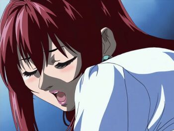 00s 1girl 2002 animated animated_gif bent_over bible_black bible_black_night_of_the_walpulgiss book bow closed_eyes earrings implied_cunnilingus jewelry lipstick long_hair makeup mature_female moaning red_hair shirt tagme takashiro_hiroko teacher white_shirt yellow_bow