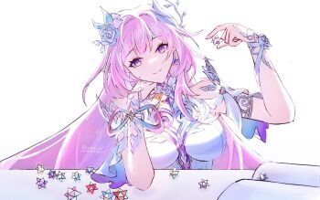 1girl absurdres bare_shoulders book breasts commentary cyrene_(honkai:_star_rail) cyrene_(ripples_of_past_reverie)_(honkai:_star_rail) diamond-shaped_pupils diamond_(shape) dress earrings english_commentary hair_ornament highres holding honkai:_star_rail honkai_(series) jewelry large_breasts long_hair looking_at_viewer open_book pink_hair purple_eyes simple_background smile solo symbol-shaped_pupils upper_body veren very_long_hair white_background white_dress