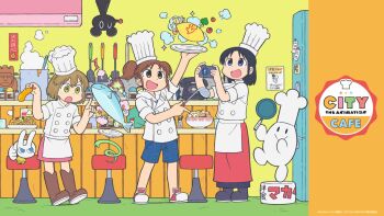 3girls antique_phone apron aqua_eyes arawi_keiichi_(style) artist_request bar_stool bell black_boots black_hair black_skirt blue_eyes blue_shorts blush boots bowl broccoli brown_boots brown_hair buttons camera cat chef_hat chopsticks city_(arawi_keiichi) collared_jacket commentary_request company_name cooking_pot copyright_name copyright_notice counter cup dot_nose double-breasted double-parted_bangs drawstring egg english_text fish food french_fries fruit frying_pan full_body hat high_collar holding holding_camera holding_chopsticks holding_food holding_frying_pan holding_ladle hood hood_down izumi_wako jacket ketchup knee_boots ladle legs_apart lettuce long_skirt magnet makabe_(city) medium_hair mimineko miniskirt multiple_girls nagumo_midori neck_bell nezumi_orikou niikura_(city) noodles official_alternate_costume omelet omurice open_mouth orange_(fruit) orange_slice pepper_shaker phone pink_skirt plate ponytail promotional_art puff_of_air ramen red_nose red_shoes red_skirt refrigerator refrigerator_magnet rotary_phone salt_shaker second-party_source shoes short_hair shorts shrimp shrimp_tempura sidelocks skirt sleeve_cuffs sleeves_rolled_up sneakers soy_sauce soy_sauce_bottle sparkle spatula standing stool stream tall_hat tempura tomato toque_blanche translation_request undershirt v-shaped_eyebrows waist_apron water white_apron white_cat white_fur white_hat white_hood white_jacket white_shoes white_sleeves white_tail yellow_eyes