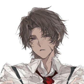 Rule 34 | 1boy, brown hair, chinese commentary, collared shirt, commentary request, dark-skinned male, dark skin, heathcliff (project moon), highres, limbus company, looking at viewer, necktie, parted bangs, project moon, red necktie, rostina rt, scar, scar on face, shirt, simple background, solo, suspenders, white background, white shirt