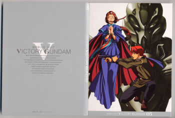 1990s_(style) 1boy 1girl absurdres aiming artist_collaboration box_art brown_hair cape chronicle_asher gun gundam handgun highres ishigaki_jun'ya kneeling machinery maria_pure_armonia mecha military_rank_insignia military_uniform mobile_suit official_art orange_hair ousaka_hiroshi praying red_hair retro_artstyle rig_shokew robot scan science_fiction traditional_media tunic victory_gundam weapon zanscare