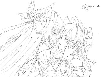 2girls blush closed_eyes closed_mouth columbina_(genshin_impact) commentary english_commentary genshin_impact gloves greyscale hand_on_another&#039;s_face headdress highres holding_another&#039;s_wrist jinxixme long_hair monochrome multiple_girls parted_lips sandrone_(genshin_impact) twitter_username yuri