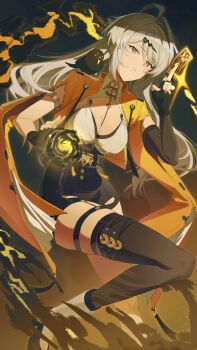 1girl absurdres asymmetrical_gloves bird black_bird black_gloves black_unitard breasts casting_spell cleavage commentary_request elbow_gloves energy energy_ball fingerless_gloves gloves hair_ornament hand_up high-waist_shorts highres holding holding_ofuda jacket large_breasts long_hair ofuda shirt shorts single_elbow_glove single_hair_intake single_thighhigh solo thighhighs thighs uneven_gloves uzu_(malese0202) white_hair yellow_eyes yellow_jacket yin_yang_pin yixuan_(zenless_zone_zero) zenless_zone_zero