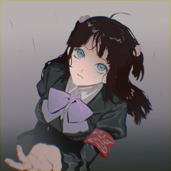 1girl absurdres armband black_jacket blue_eyes bow bowtie breasts chinese_commentary chromatic_aberration collared_shirt commentary_request cupping_hand from_above grey_background hair_bobbles hair_ornament hand_up highres jacket juliet_sleeves kkia long_hair long_sleeves looking_at_viewer medium_breasts pink_bow pink_bowtie puffy_sleeves rain red_armband red_hair shirt solo two_side_up umineko_no_naku_koro_ni upper_body ushiromiya_ange wet wet_hair