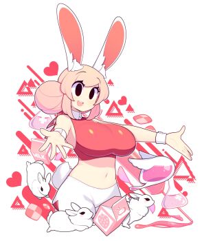 1girl :d absurdres animal_ear_fluff animal_ears bare_arms bare_shoulders black_eyes breasts checkerboard_cookie commentary cookie cowboy_shot crop_top english_commentary erlenmeyer_flask fiz_(fizintine) fizintine flask food hair_bun heart highres large_breasts large_syringe midriff milk_carton no_pupils open_mouth original oversized_object pink_hair rabbit rabbit_ears rabbit_girl rabbit_tail red_shirt shirt short_shorts shorts simple_background single_side_bun smile solo strawberry_milk syringe tail teeth upper_teeth_only white_shorts wrist_cuffs