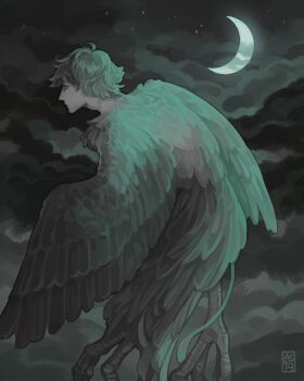1boy bird_tail bird_wings cloud cloudy_sky commentary crescent_moon driftwoodwolf english_commentary fantasy flying full_body green_hair green_wings grey_background harpy_boy human_head looking_to_the_side male_focus monster_boy moon night original outdoors short_hair sky solo star_(sky) starry_sky tail wings