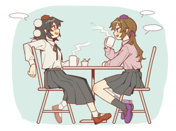 Rule 34 | 2girls, alternate costume, black ribbon, black skirt, black socks, blank speech bubble, blush, brown hair, chair, collared shirt, commentary request, cup, fang, hat, himekaidou hatate, holding, holding cup, long hair, long sleeves, mary janes, missing wings, multiple girls, neck ribbon, on chair, open mouth, pink shirt, pleated skirt, pointy ears, purple hat, purple shoes, red eyes, red hat, red shoes, ribbon, sakic43899, shameimaru aya, shirt, shoes, sitting, skirt, smile, socks, speech bubble, steam, tokin hat, touhou, twintails, white shirt