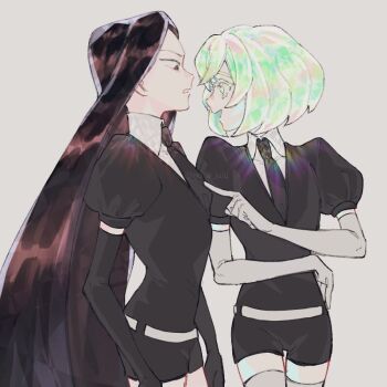 2others androgynous belt black_gloves black_hair black_necktie black_shirt black_shorts bort collared_shirt diamond_(houseki_no_kuni) finger_to_another&#039;s_chest from_side gem_uniform_(houseki_no_kuni) gloves hand_on_another&#039;s_chest houseki_no_kuni long_glove long_hair multicolored_hair multiple_others necktie pale_skin puffy_short_sleeves puffy_sleeves shirt short_hair short_shorts short_sleeves shorts thighhighs white_belt white_gloves white_shirt white_thighhighs