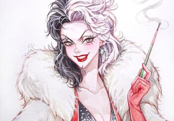 101_dalmatians 1girl artist_name bad_source black_hair coat commentary commentary_request cruella_de_vil earrings elbow_gloves english_commentary evil_grin evil_smile eyelashes fur_coat gloves grin holding jewelry karin_park korean_commentary looking_at_viewer mixed-language_commentary multicolored_hair painting_(medium) red_gloves red_lips simple_background smile smoke solo traditional_media two-tone_hair watercolor_(medium) white_hair