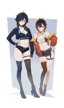 ayase_yuu black_hair blonde_hair blue_eyes blue_hair breasts heterochromia high_heels jacket kannagi_loki midriff multicolored_hair phase_connect phase_connect_jp red_eyes second-party_source stomach streaked_hair tagme yayo_the_jowen yellow_eyes