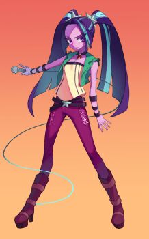 Rule 34 | 1girl, aria blaze, aria blaze (human), arm at side, bare arms, bare shoulders, belt, black belt, black choker, blue hair, blunt ends, boots, breasts, brown boots, choker, cleavage, closed mouth, collarbone, collared jacket, colored skin, curtained hair, equestria girls: rainbow rocks, eyeshadow, fingernails, forehead, frown, full body, gem, gradient background, green jacket, hair ornament, high heel boots, high heels, highres, holding, holding microphone, ikirunosindo, jacket, knee boots, legs apart, long hair, makeup, microphone, multicolored hair, multiple belts, my little pony, my little pony: equestria girls, my little pony: friendship is magic, open clothes, open jacket, orange background, outstretched arm, pants, pink pants, platform boots, purple eyes, purple eyeshadow, purple hair, purple skin, red background, red gem, shirt, sideways glance, simple background, skinny, sleeveless, sleeveless jacket, sleeveless shirt, small breasts, solo, standing, star (symbol), star hair ornament, streaked hair, torn clothes, torn jacket, tsurime, twintails, two-tone background, two-tone hair, v-shaped eyebrows, very long hair