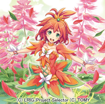 1girl blush choker copyright_notice dress flower frilled_dress frills green_eyes hokuyuu looking_at_viewer medium_hair official_art orange_choker orange_dress orange_hair pink_flower salvia_(flower) salvia_(wixoss) smile solo wixoss