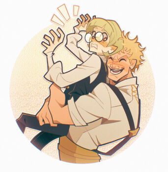 2boys blonde_hair fire_emblem fire_emblem:_three_houses green_hair highres holding hug ignatz_victor multiple_boys nintendo raphael_kirsten size_difference t0bey-art