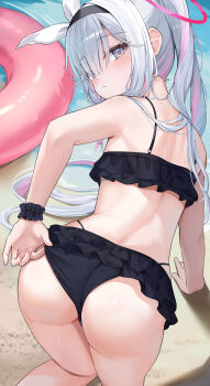 1girl absurdres all_fours anus ass bikini black_bikini black_hairband blue_archive closed_mouth commentary frilled_bikini frills from_behind grey_eyes grey_hair hair_over_one_eye hair_ribbon hairband halo highres innertube long_hair looking_at_viewer looking_back multicolored_hair pink_hair plana_(blue_archive) ponytail red_halo red_pupils ribbon ruffle_bikini shawn358 solo streaked_hair swim_ring swimsuit white_ribbon