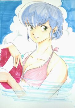 ball bikini blue_hair bra braid breasts cloud cloudy_sky crown_braid highres k_happa64 maison_ikkoku medium_breasts non-web_source ocean otonashi_kyouko partially_submerged pink_bra sky smile swimming swimsuit underwear
