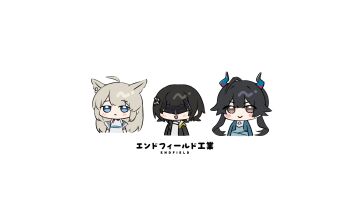 Rule 34 | 3girls, :>, ahoge, arknights, arknights: endfield, black hair, black jacket, blindfold mask, blue eyes, blue jacket, blush stickers, brown eyes, chen qianyu (arknights), chibi, closed mouth, commentary request, copyright name, cropped torso, dragon horns, dress, endministrator (arknights), female endministrator (arknights), grey dress, grey hair, grey shirt, highres, horns, hoshimiya aki, jacket, mask, multiple girls, open clothes, open jacket, perlica (arknights), shirt, simple background, sleeveless, sleeveless dress, upper body, v-shaped eyebrows, white background
