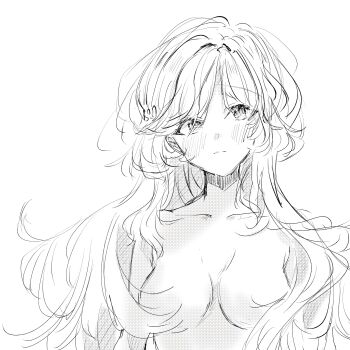 1girl absurdres breasts closed_mouth collarbone commentary_request greyscale hair_censor highres kusakayosituki1 long_hair looking_at_viewer medium_breasts messy_hair monochrome nude sena_ajisai simple_background sketch solo upper_body watashi_ga_koibito_ni_nareru_wake_naijan_murimuri! white_background