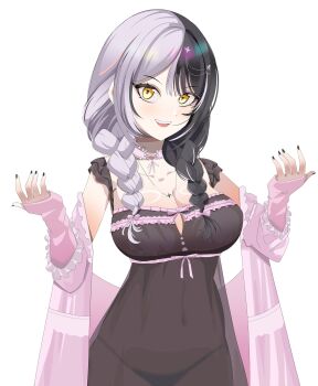 Rule 34 | 1girl, black hair, black nails, black nightgown, black panties, braid, breasts, cleavage, covered navel, grey hair, highres, hololive, hololive english, jewelry, large breasts, long hair, looking at viewer, misfit sage, multicolored hair, necklace, nightgown, panties, pink robe, robe, see-through clothes, see-through nightgown, shiori novella, shiori novella (pajamas), simple background, solo, split-color hair, twin braids, two-tone hair, underwear, virtual youtuber, white background, yellow eyes