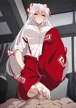 1boy 1girl abs animated animated_gif bamboo blush breasts censored cleavage closed_mouth clothed_female_nude_male collarbone covered_erect_nipples feet footjob frown fujiwara_no_mokou hair_ribbon hands_in_pockets highres large_breasts leg_up long_hair mosaic_censoring nude penis pov red_eyes ribbon rope sweat tagme toes touhou umezawa_itte white_hair