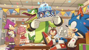 1girl 4boys absurdres amy_rose birthday_cake blue_fur body_fur cake chair charmy_bee confetti digimin don_the_rooster_(sonic) dress espio_the_chameleon food group_picture happy_birthday hat headphones highres holding indoors multiple_boys nite_the_owl_(sonic) official_art on_chair party_hat pink_fur red_dress sitting sonic_(series) sonic_racing:_crossworlds sonic_riders_(series) sonic_the_hedgehog standing vector_the_crocodile