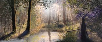 Rule 34 | 1girl, absurdres, acheron (honkai: star rail), coattails, commentary, flower, from behind, grass, highres, honkai: star rail, honkai (series), leaf, long hair, outdoors, purple hair, reflection, reizeiui, river, scabbard, scenery, sheath, standing, sunlight, sword, tree, weapon