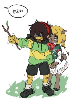 Rule 34 | 1girl, 1other, absurdres, aged down, black hood, black shoes, black shorts, blonde hair, bow, bowtie, braid, brown hair, colored skin, deltarune, demon horns, dress, fake horns, green sweater, green sweater vest, hair ornament, hairband, hairclip, highres, holding, holding stick, hooves, horn hairband, horns, korean text, kris (deltarune), long hair, noelle holiday, partially shaded face, protecting, r0ut3, red bow, red bowtie, red horns, shoes, short hair, shorts, single horizontal stripe, snowflake print, stick, striped clothes, striped sweater, sweater, sweater vest, tears, translation request, utdr (toby fox), white dress, white wings, wings, yellow skin