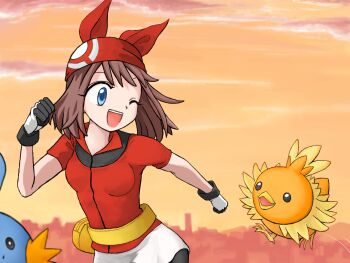 1girl bandana bike_shorts bike_shorts_under_shorts blue_eyes brown_hair chamomile35 cityscape cosplay dynamic_pose fanny_pack gen_3_pokemon gloves happy headband may_(pokemon) may_(pokemon)_(cosplay) medium_hair mudkip nintendo one_eye_closed open_mouth outdoors pokemon pokemon_(creature) pokemon_rse red_bandana red_shirt running shirt shorts smile sunset torchic waist_bag white_gloves