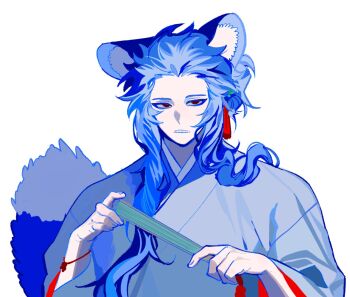 1boy animal_ear_fluff animal_ears blue_hair blue_hanbok cat_boy cat_ears cat_tail colored_eyelashes hair_ornament hanbok hand_fan hands_up highres holding holding_fan korean_clothes korean_commentary long_hair long_sleeves looking_at_viewer male_focus original paper_fan red_eyes ringed_eyes sasi_mozzi1 sidelocks simple_background solo tail tassel tassel_hair_ornament upper_body white_background wide_sleeves