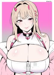Rule 34 | 1girl, bare shoulders, black collar, blonde hair, blush, breasts, choker, cleavage, closed mouth, clothes writing, collar, crop top, goddess of victory: nikke, hair intakes, heart collar, horns, huge breasts, jacket, lips, long hair, lughost, mole, mole under eye, off-shoulder jacket, off shoulder, pink horns, pink jacket, red eyes, smile, solo, twitter username, viper (nikke), zipper, zipper pull tab