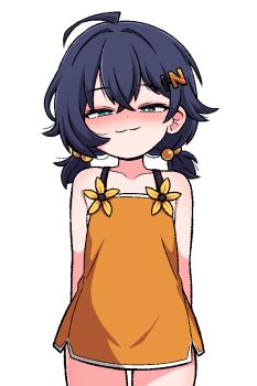 1girl aged_down ahoge arms_behind_back bare_shoulders belle_(zenless_zone_zero) blue_hair blush dress green_eyes ink_(inksgirls) looking_at_viewer low_twintails orange_dress short_dress short_hair smile smug solo twintails white_background zenless_zone_zero