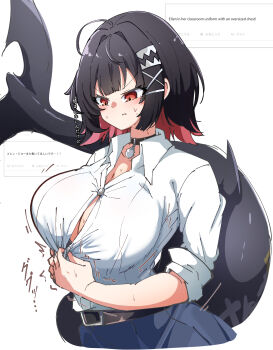 1girl absurdres black_choker black_hair blue_skirt blush breasts caseee999 choker ellen_joe ellen_joe_(on_campus) fins fish_tail hair_ornament hairpin highres large_breasts looking_at_viewer official_alternate_costume red_eyes red_streaks shark_girl shark_tail shirt short_hair skirt solo tail white_shirt x_hair_ornament zenless_zone_zero