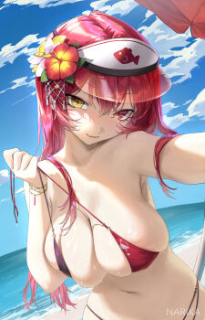 1girl absurdres beach bikini bikini_pull blue_sky breasts cleavage clothes_pull day flower hair_flower hair_ornament heterochromia highres hololive houshou_marine houshou_marine_(summer) large_breasts long_hair looking_at_viewer narika_(narikakkkk) navel ocean outdoors pulling_own_clothes red_hair seductive_gaze seductive_smile sky smile solo swimsuit teasing virtual_youtuber yellow_eyes