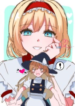 ! 2girls alice_margatroid apron black_skirt black_vest blonde_hair blue_eyes braid capelet commentary_request hairband hat head_rest heart highres kirisame_marisa lolita_hairband long_hair looking_at_viewer medium_hair mepibow2 multiple_girls open_mouth parted_lips shirt short_sleeves skirt smile surprised touhou vest white_capelet white_shirt witch_hat yellow_eyes