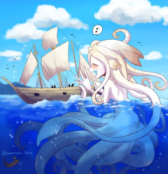 1girl ^^^ ^_^ back bare_back blush boat closed_eyes colored_skin day from_side giant giantess highres kraken monster_girl musical_note open_mouth original outdoors partially_submerged partially_underwater_shot profile scylla solo_focus speech_bubble spoken_musical_note squid tentacle_hair tentacles twitter_username watercraft white_skin yamanobe