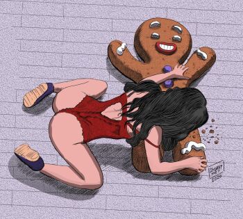 1girl 2020 alt_text ass black_hair chernyart commentary crumbs english_commentary fellatio gingerbread_man grin hatching_(texture) leotard oral original purple_shoes red_leotard shoes simple_background smile strap_slip