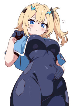 1girl absurdres blonde_hair blue_capelet blue_eyes blush breasts capelet closed_mouth commentary_request covered_navel cowboy_shot double-parted_bangs f-35_lightning_ii flying_sweatdrops from_below gloves hair_intakes hair_ornament half_gloves hand_on_own_stomach hand_up highres large_breasts leotard lightning_bolt lightning_bolt_hair_ornament lightning_bolt_symbol one_side_up original personification small_sweatdrop white_background wucandan_de_gangtanke