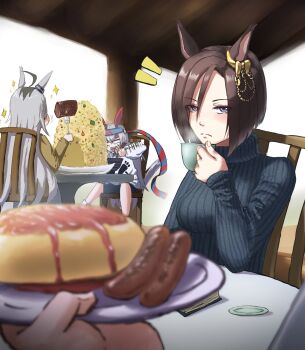 1other 3girls afterimage ahoge air_groove_(umamusume) alternate_costume animal_ears black_hair blank_eyes blurry blurry_foreground bow bowl brown_hair chair closed_mouth cup ear_bow ear_chain ear_covers ear_ornament eating elbow_rest food fork fried_rice glutton grey_eyes hair_between_eyes hand_up headband height_difference highres holding holding_cup holding_fork holding_plate horse_ears horse_girl horse_tail jewelry light_blush linked_piercing long_hair long_sleeves looking_at_viewer motion_lines multicolored_hair multiple_girls nitoromanbo oguri_cap_(umamusume) omelet omurice on_chair open_mouth oversized_food oversized_object piercing plate ribbed_sweater rice sausage short_hair shorts sitting sleeves_past_wrists sparkle steam sweater table tail tamamo_cross_(umamusume) two-tone_hair umamusume very_long_hair