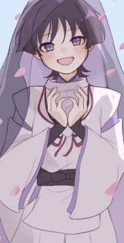 1boy armor black_bow black_hair black_sash blue_background blunt_ends blush bow clothing_cutout cowboy_shot falling_petals fingernails genshin_impact hands_up highres japanese_armor japanese_clothes kariginu kote kurokote layered_sleeves long_sleeves male_focus multicolored_hair open_hands open_mouth own_hands_together pants pelvic_curtain petals pink_petals pom_pom_(clothes) purple_eyes purple_hair purple_sleeves sash scaramouche_(genshin_impact) scaramouche_(kabukimono)_(genshin_impact) side_cutout solo straight-on streaked_hair string white_pants white_sleeves wide_sleeves wispy_bangs zattasyanko