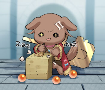 +_+ :3 animal_ears blurry blurry_background bone bone_hair_ornament brown_fur chest_strap chibi chibi_only commentary_request dog_ears dog_girl dog_tail facing_viewer full_body furry furry_female hair_ornament hololive inugami_korone inugami_korone_(dog) kurousagi_(black_rabbit563) minecraft open_mouth standing stone_floor stone_wall tail vial weapon weapon_on_back