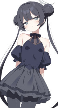 Rule 34 | 1girl, blue archive, breasts, cowboy shot, detached sleeves, double bun, dress, foulo paints, grey eyes, grey halo, hair bun, hair intakes, halo, highres, kisaki (blue archive), looking at viewer, official alternate costume, simple background, small breasts, solo, thighhighs, white background