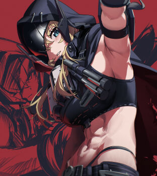 Rule 34 | 1girl, abs, absurdres, armpits, black cloak, black panties, blonde hair, blue eyes, breasts, broken mask, bypos, cloak, commentary, crop top, goddess of victory: nikke, grave (nikke), hair between eyes, highleg, highleg panties, highres, hood, hood up, hooded cloak, large breasts, long hair, looking at viewer, mask, navel, official artist extra, one eye covered, outstretched arm, panties, panty straps, parted lips, red background, sketch inset, toned, toned female, torn cloak, torn clothes, underwear, upper body