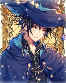 Rule 34 | 1boy, black hair, black shirt, blue cape, blue hat, cape, chiyu (silverxxxx), earrings, hair between eyes, hat, highres, jewelry, light akarui, looking at viewer, male focus, meteorites (stpr), multicolored hair, open mouth, shirt, short hair, smile, solo, streaked hair, upper body, witch hat, yellow eyes