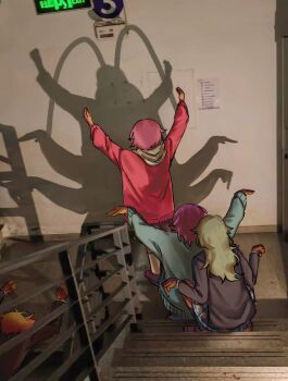Rule 34 | cardigan, cryptid quill, green hair, kamishiro rui, kusanagi nene, ootori emu, photo-referenced, pink hair, project sekai, purple hair, shadow puppet, stairs, stairwell, tenma tsukasa