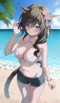 1girl animal_ears arm_at_side bare_arms bare_legs bare_shoulders beach bikini bikini_bottom_under_shorts bikini_under_clothes black_hair blue_shorts bracelet breasts cat_ears cat_girl cat_tail cleavage commentary commentary_request commission cowboy_shot criss-cross_halter etesumsom eyes_visible_through_hair facial_mark final_fantasy final_fantasy_xiv flower from_above front-tie_bikini_top front-tie_top grin hair_flower hair_ornament halterneck highres jewelry looking_at_viewer medium_breasts miqo'te multicolored_hair navel overlighting parted_lips purple_eyes purple_streaks sand shorts skeb_commission smile solo standing stomach streaked_hair swimsuit tail two-tone_hair warrior_of_light_(ff14) water whisker_markings white_bikini