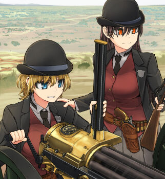 2girls belt black_hat black_jacket black_necktie blonde_hair blue_eyes bowler_hat breasts brown_belt brown_hair commentary_request cowboy_western crank crossdraw_holster finger_on_trigger gatling_gun grey_skirt grin gun handgun hat highres holding holding_gun holding_weapon holster jacket long_hair long_sleeves multiple_girls necktie original outdoors pleated_skirt police_badge red_eyes red_vest revolver rifle_cartridge shirt short_hair skirt smile tokihama_jirou trapdoor_springfield vest weapon white_shirt