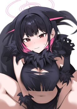 1girl absurdres animal_ears black_claws blue_archive cat_ears colored_inner_animal_ears colored_inner_hair commentary extra_ears fake_claws fur-trimmed_gloves fur_scarf fur_sleeves fur_trim gloves halloween_costume halo highres kazusa_(blue_archive) kazusa_(halloween)_(blue_archive) momocadraw multicolored_hair pink_halo solo werewolf_costume