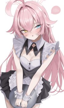 1girl absurdres ahoge alternate_costume apron black_dress blue_archive dress enmaided frilled_apron frills halo heterochromia highres holding holding_tray hoshino_(blue_archive) huge_ahoge long_hair looking_to_the_side maid maid_apron non_non427 pink_hair pink_halo solo spoken_blush tray waist_apron white_apron white_background white_wrist_cuffs wrist_cuffs