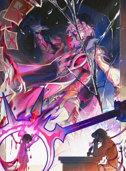 1boy absurdres aged_down artist_name bandage_over_one_eye bandaged_arm bandaged_chest bandaged_neck bandaged_torso bandages bandages_over_mouth black_bandages black_jacket blood blue_eyes broken_glass broken_mirror brown_hair cape child collared_cape commentary crack cracked_glass dripping elbow_rest english_commentary fire genshin_impact glass glass_shards gold_trim grey_hair hand_on_own_head highres holding holding_polearm holding_quill holding_weapon jacket long_sleeves looking_at_viewer looking_down male_focus medium_hair mirror multiple_views one_eye_covered parted_bangs pectorals polearm purple_fire quill red_cape reneelric rerir_(genshin_impact) shards short_hair shorts sitting sweatdrop twitter_username weapon wide-eyed