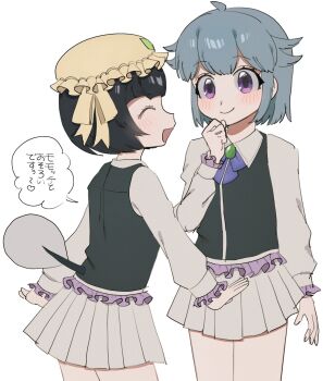 2girls black_hair blue_hair blush dress highres kemono_friends kemono_friends_3 keroro_gunsou maid_headdress multiple_girls neck_ribbon neyomu nishizawa_momoka purple_eyes ribbon shirt short_hair simple_background skirt tadpole tadpole_tail tail tamama_(kemono_friends) vest